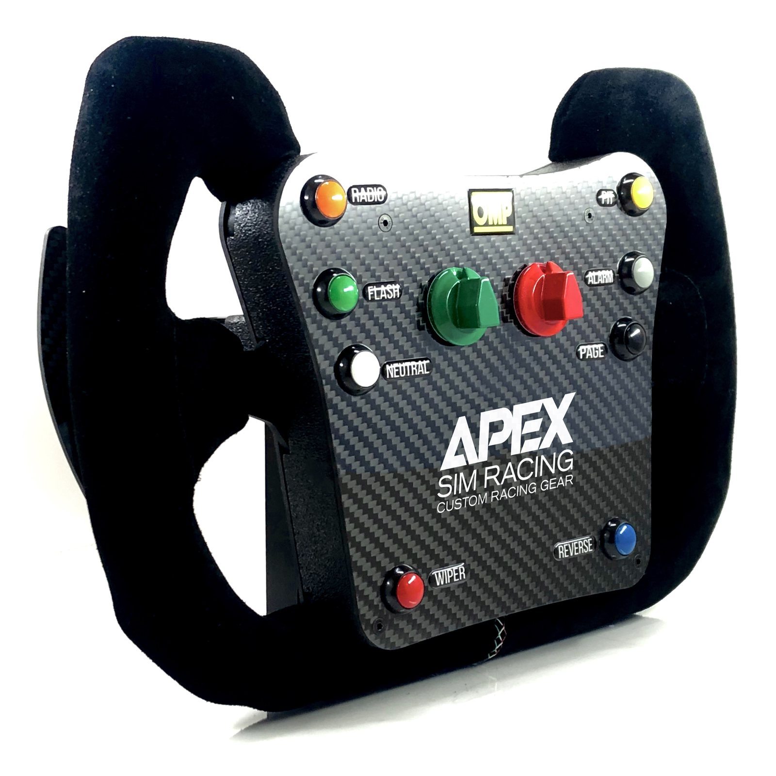 Apex Sim Racing mark on a carbon fiber wheel faceplate